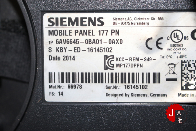 SIEMENS 6AV6645-0BA01-0AAX0 MOBILE PANEL 177 PN