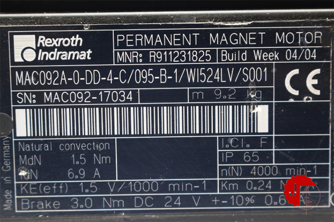 Rexroth INDRAMAT MAC092A-0-DD-4-C/095-B-1/WI524LV/S001 AC Servo Motor