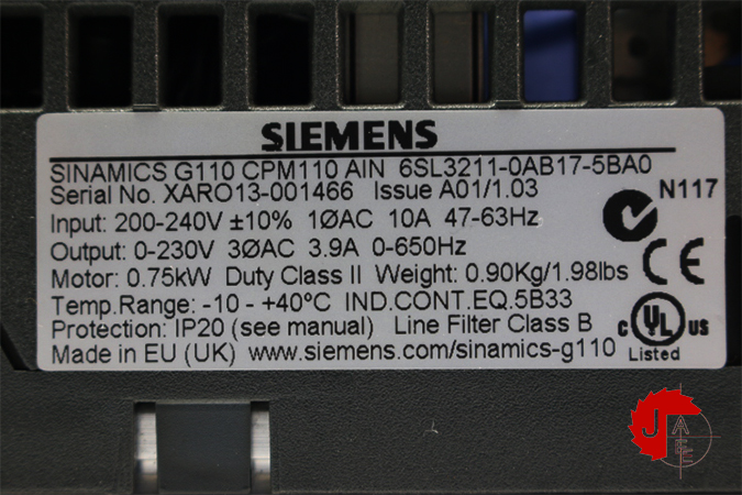 SIEMENS 6SL3211-0AB17-5BA0 SINAMICS G110-CPM110 AC Drive